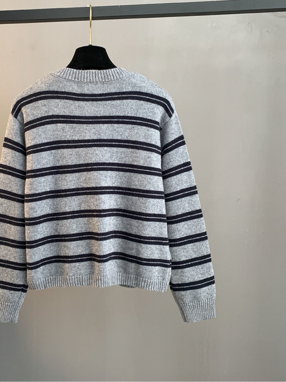 Miu Miu Gray Crewneck Sweater with Navy Stripes - Picture 2 of 10